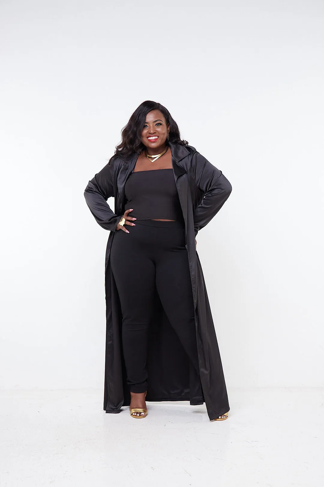 Vivo Raha Satin Trench Coat  - Black