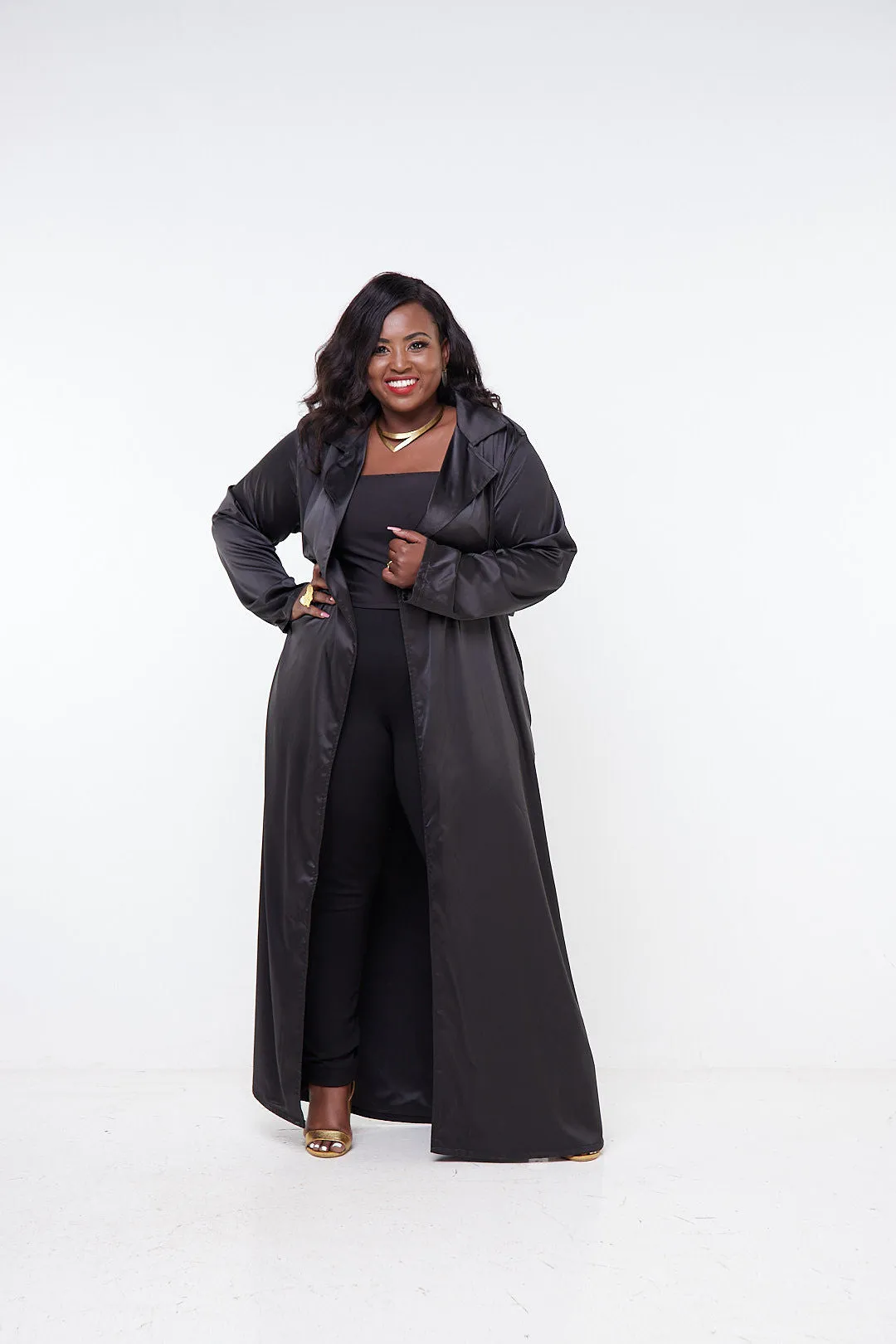 Vivo Raha Satin Trench Coat  - Black