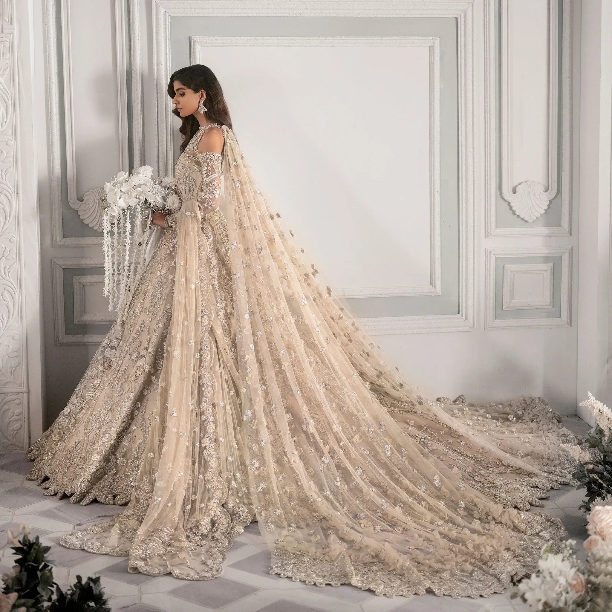 White Lehenga Maxi Dress for Pakistani Bridal Wear