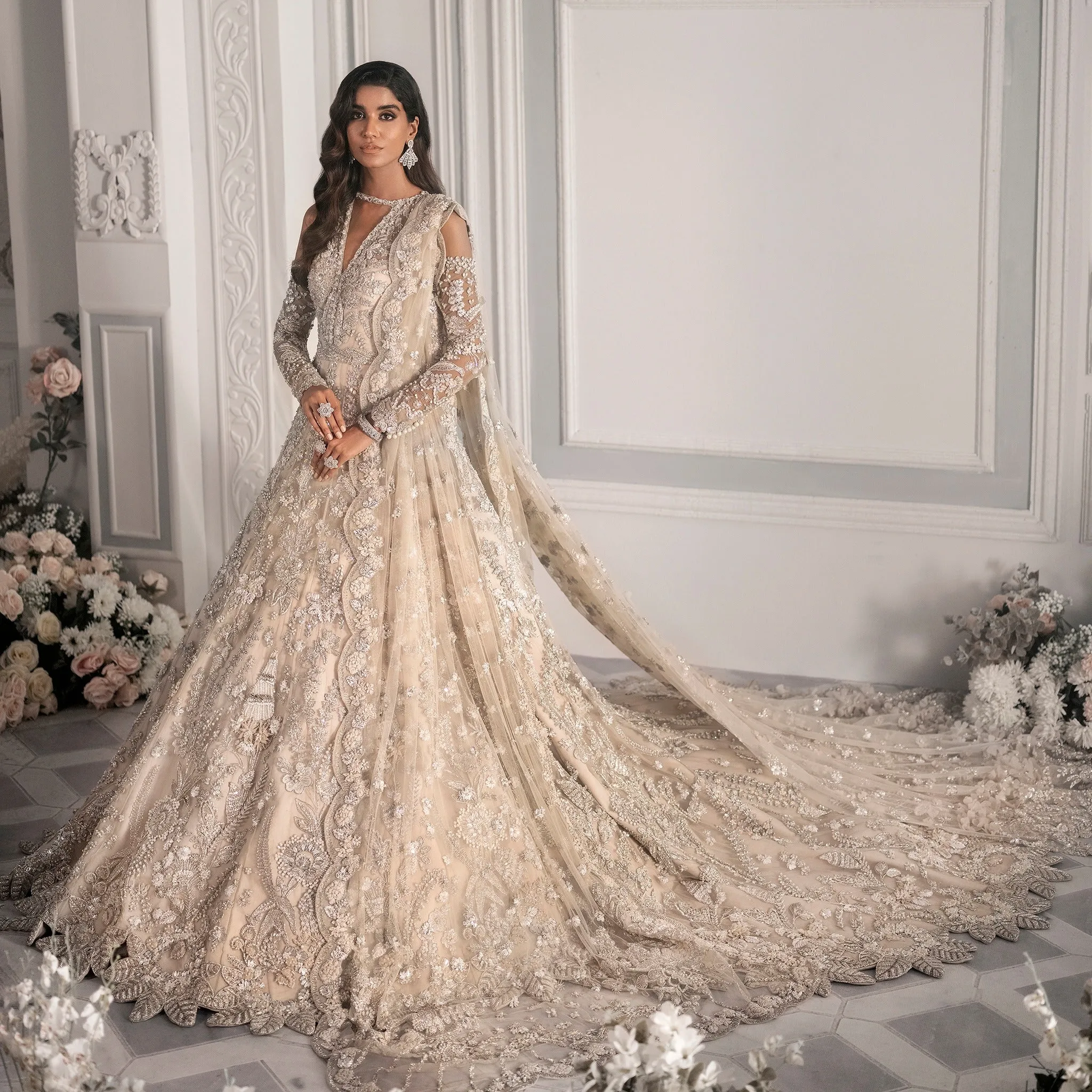 White Lehenga Maxi Dress for Pakistani Bridal Wear