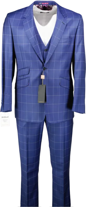 William Hunt Blue The Swift Three Piece Suit With Chalk Grey Windowpane Check UK 38" CHEST