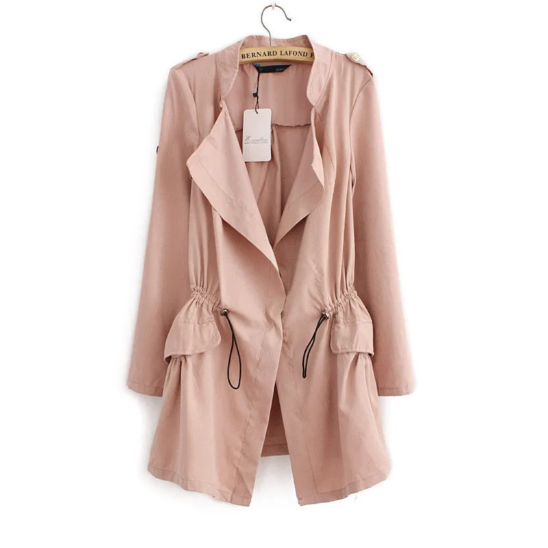 Women autumn office long trench plus size full sleeve drawstring Waist coats casual streetwear tops CT1089