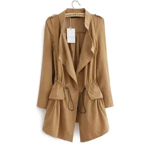 Women autumn office long trench plus size full sleeve drawstring Waist coats casual streetwear tops CT1089