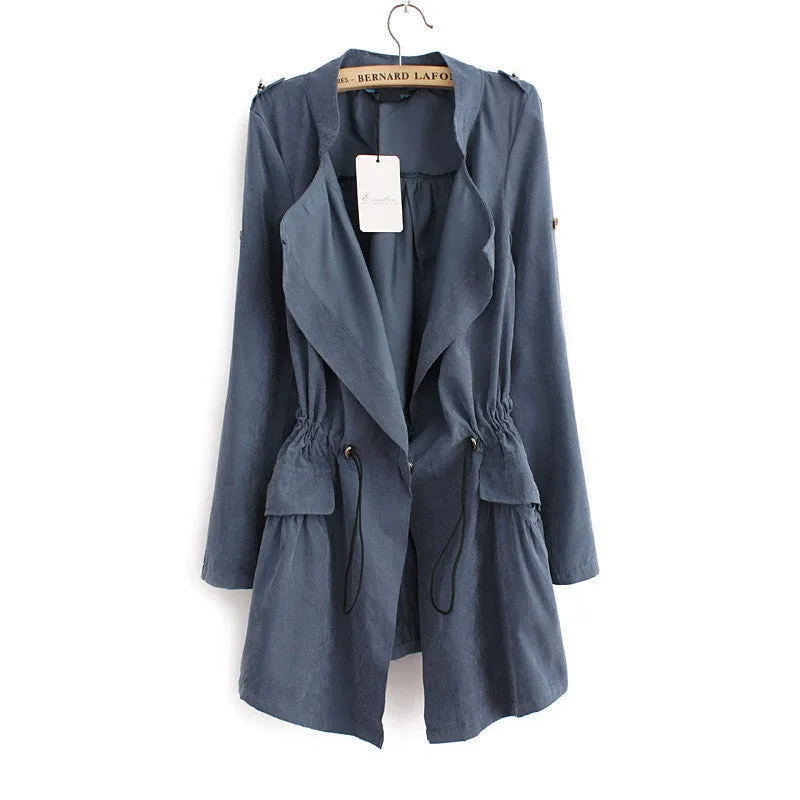 Women autumn office long trench plus size full sleeve drawstring Waist coats casual streetwear tops CT1089