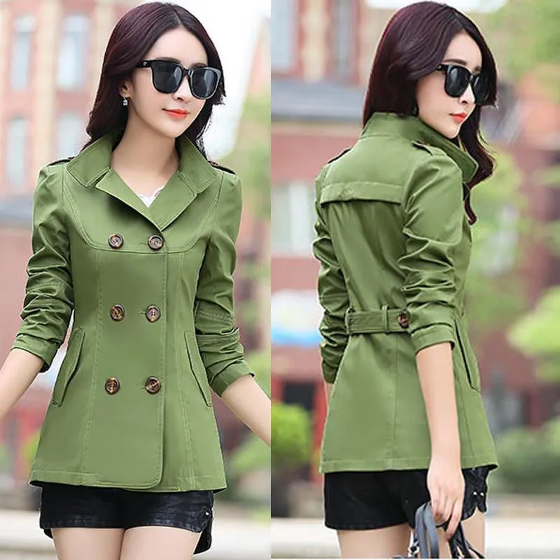 Women Fashion Slim Coats Plus Pockets Double Breasted Design Slim Lady Trench