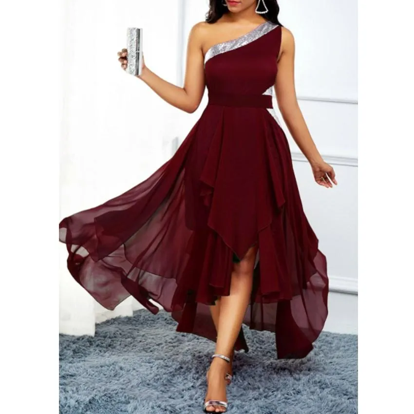 Women One Shoulder Irregular Long Dresses