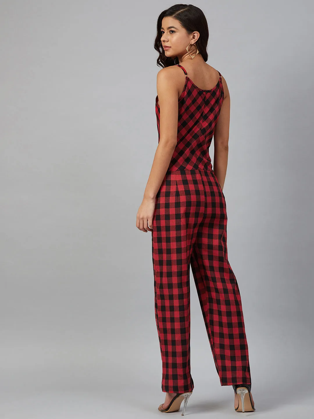 Women Red & Black Checked Basic Jumpsuit