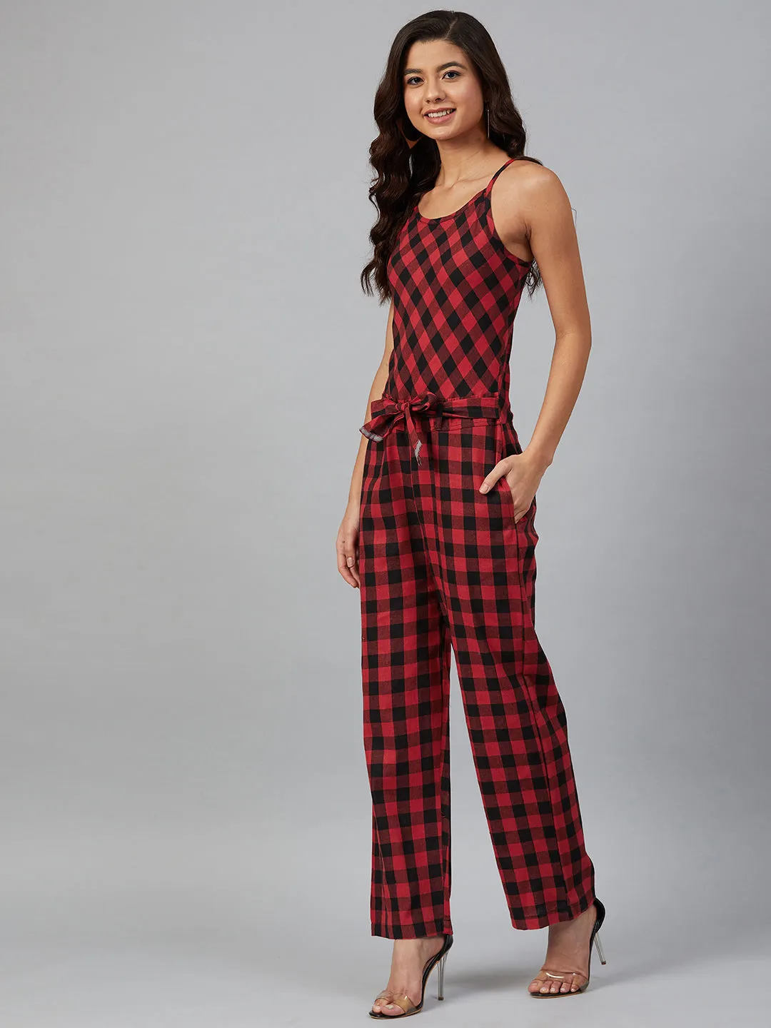 Women Red & Black Checked Basic Jumpsuit