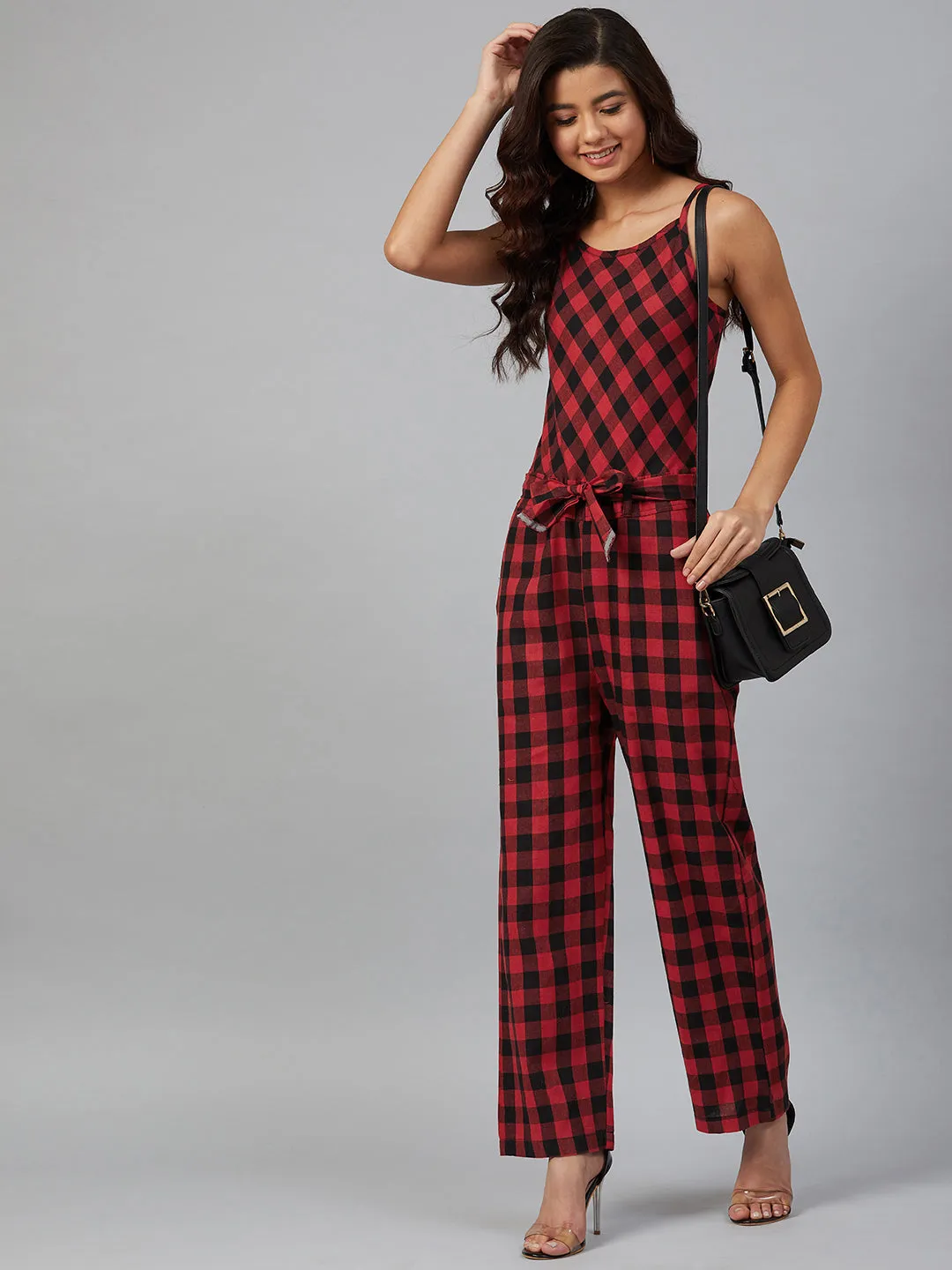 Women Red & Black Checked Basic Jumpsuit