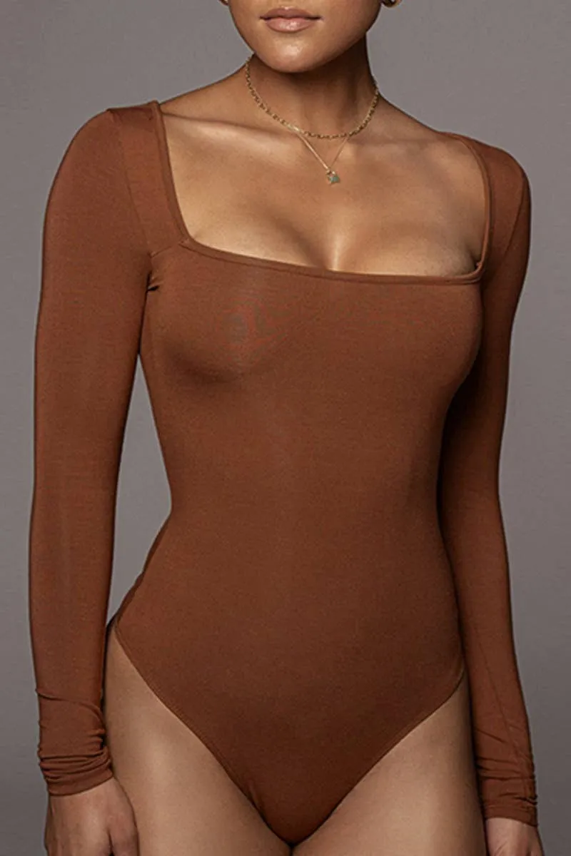 WOMEN SEXY DEEP SQUARE NECK LONG SLEEVE BODY SUIT_CWSBSL0019: BLACK / (S) 1