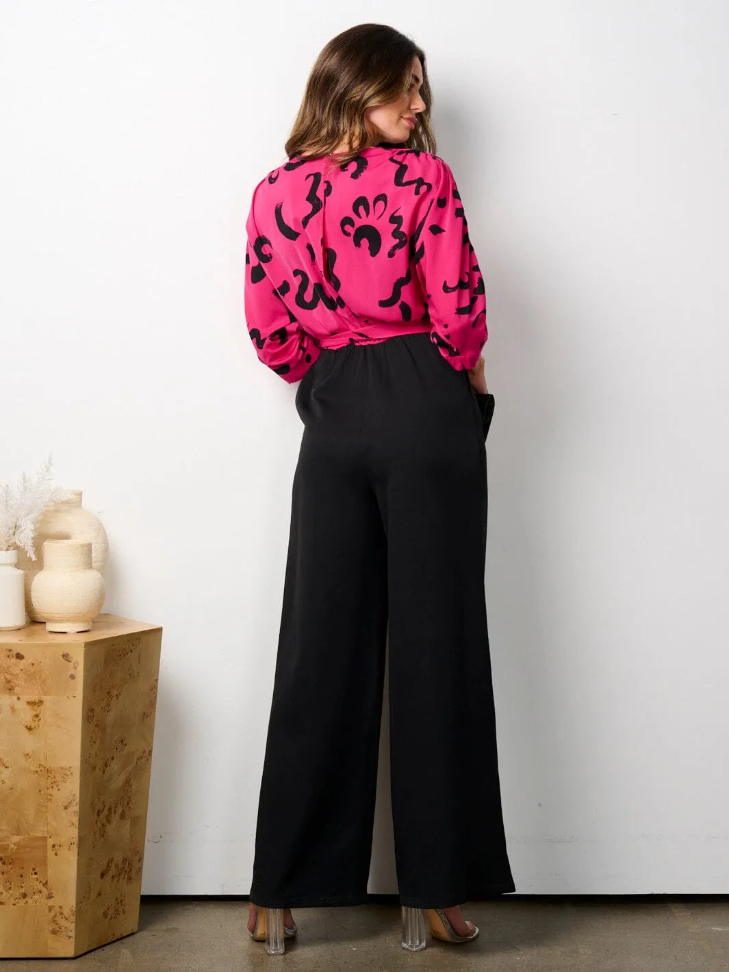 WOMEN'S 3/4 PUFF SLEEVE SURPLICE POCKETS SELF TIE JUMPSUIT