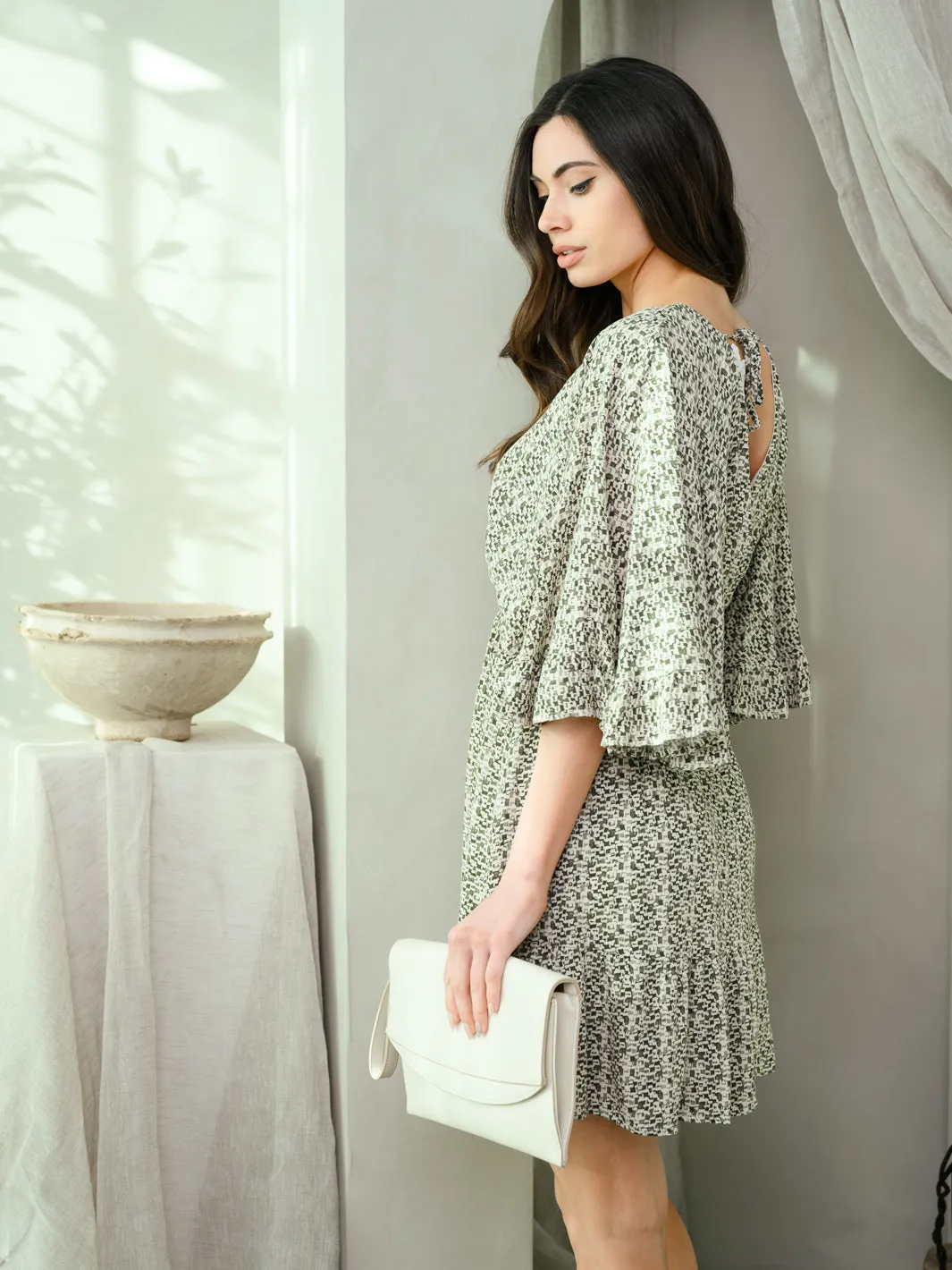 WOMEN'S BELL SLEEVE SMOCKING SURPLICE MINI DRESS