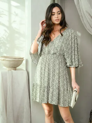WOMEN'S BELL SLEEVE SMOCKING SURPLICE MINI DRESS