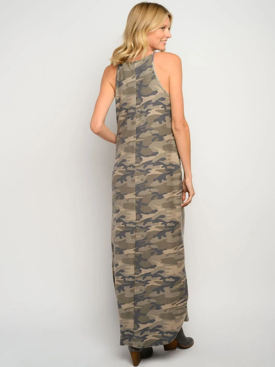 WOMEN'S CAMO PRINT WITH POCKETS MAXI DRESS