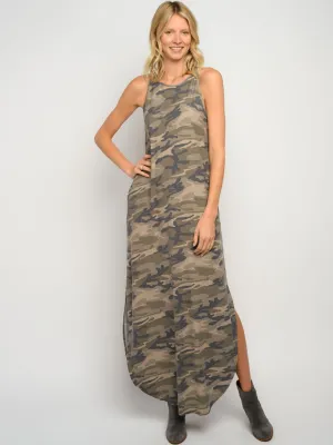 WOMEN'S CAMO PRINT WITH POCKETS MAXI DRESS