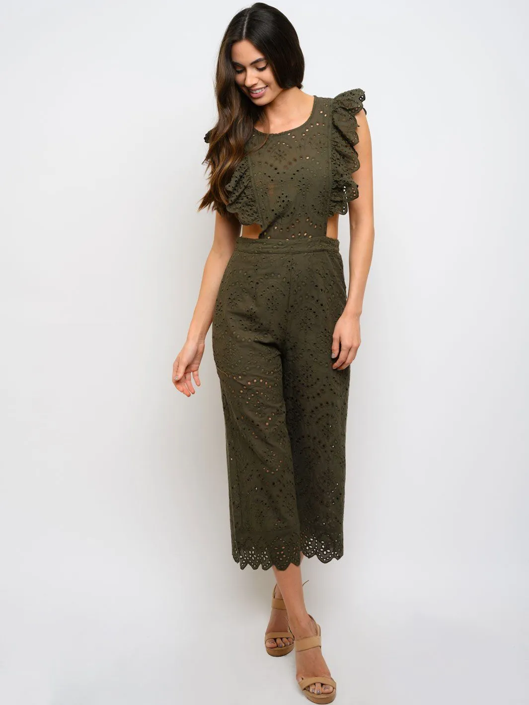 WOMEN'S CROCHET RUFFLE DETAILED SLEEVELESS JUMPSUIT