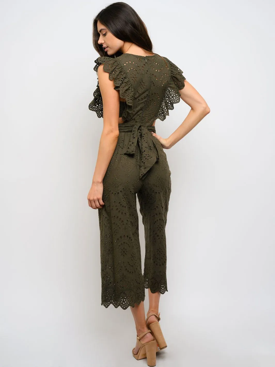 WOMEN'S CROCHET RUFFLE DETAILED SLEEVELESS JUMPSUIT