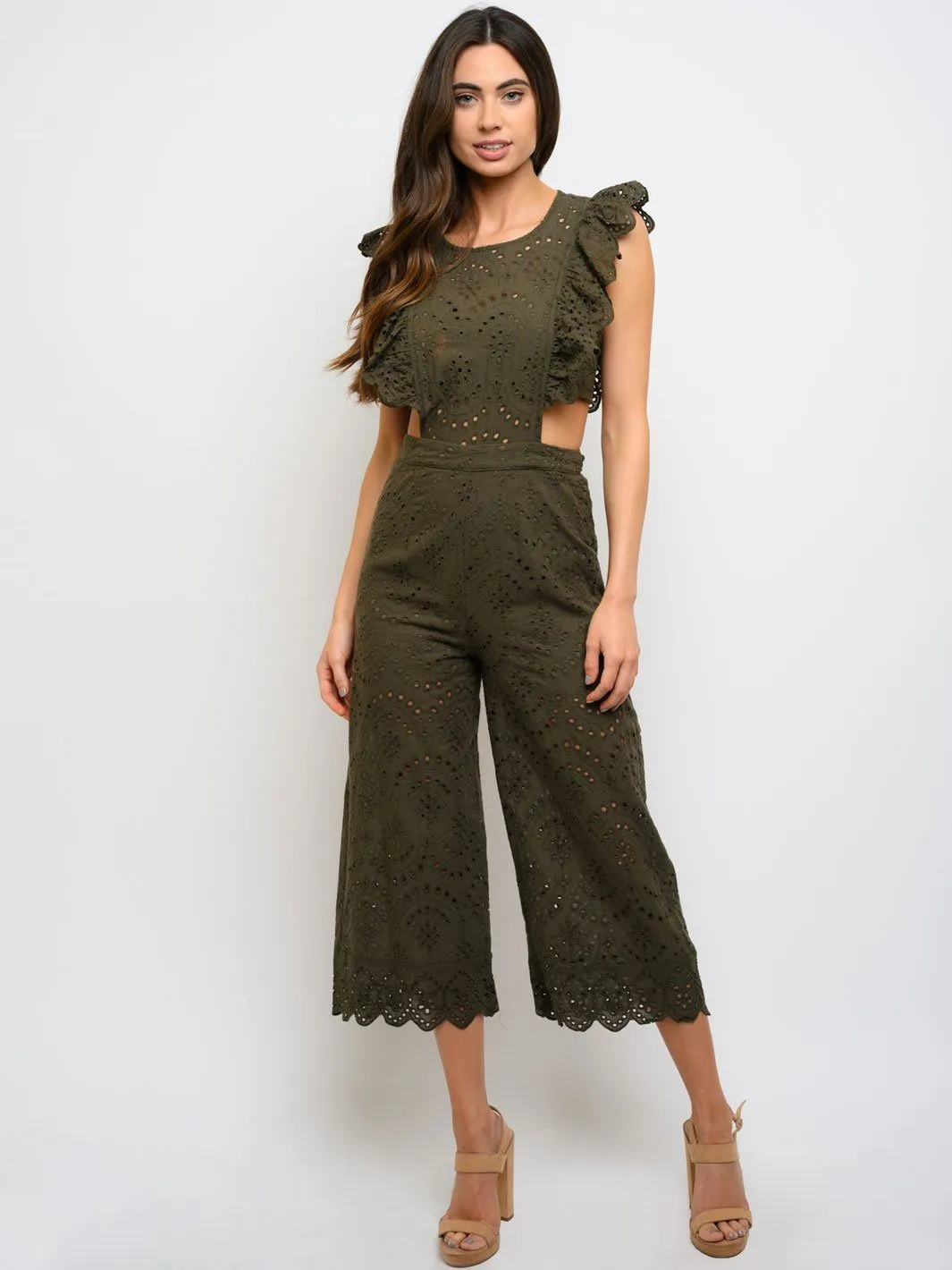 WOMEN'S CROCHET RUFFLE DETAILED SLEEVELESS JUMPSUIT