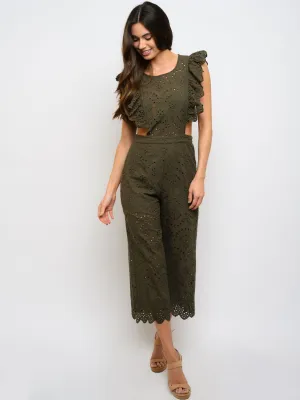 WOMEN'S CROCHET RUFFLE DETAILED SLEEVELESS JUMPSUIT