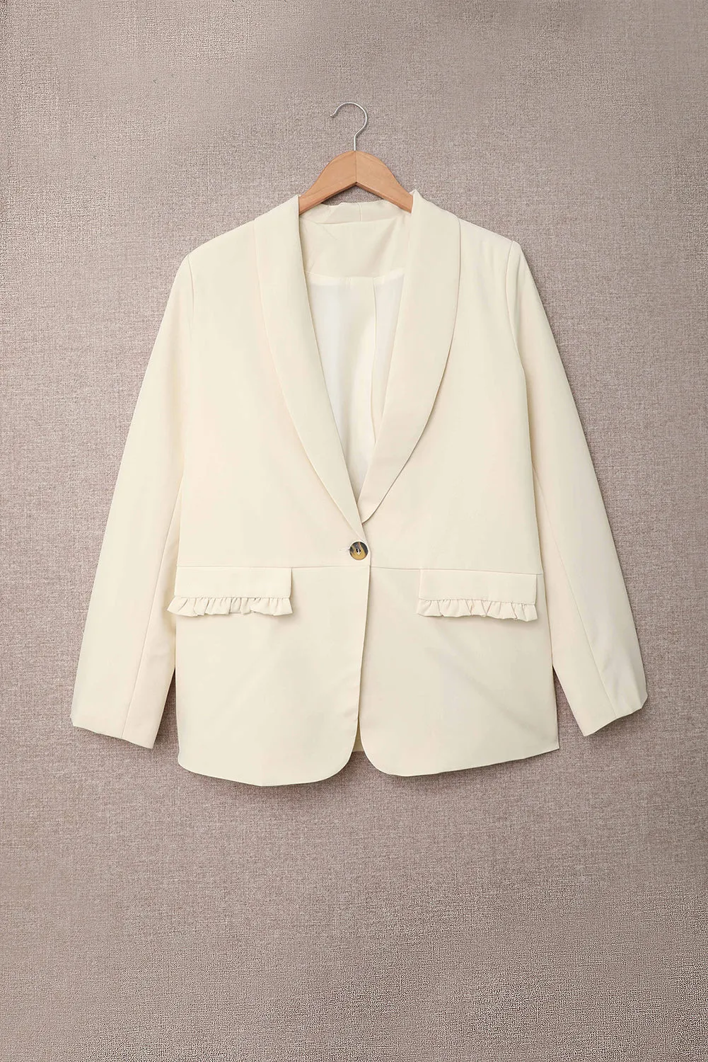 Women's Elegant Beige Lapel Collar Button Pocket Blazer