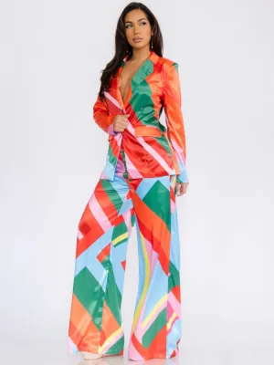 WOMEN'S LONG SLEEVE BLAZER & WIDE LEG PANTS MULTI COLOR 2PC. SET