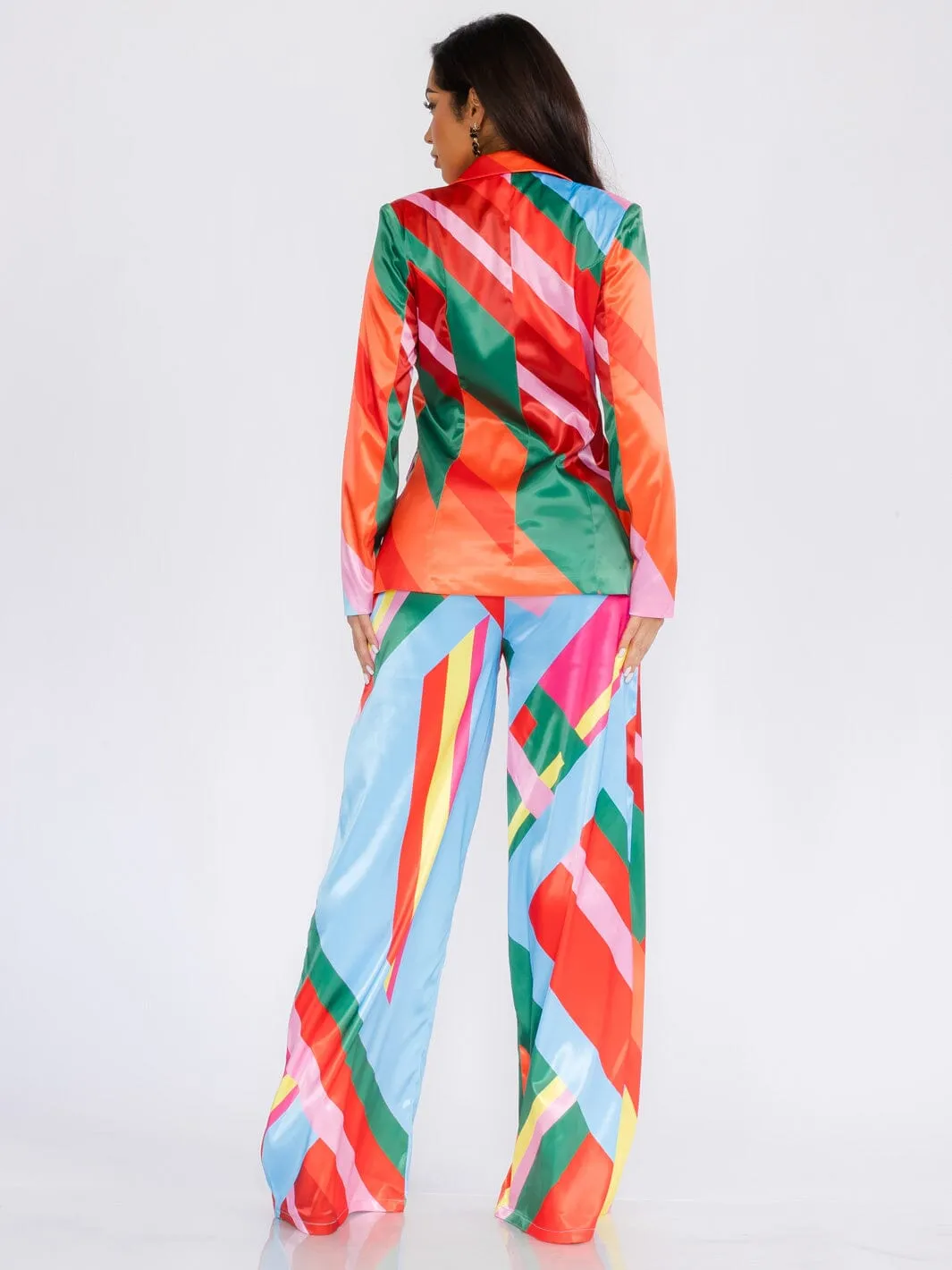 WOMEN'S LONG SLEEVE BLAZER & WIDE LEG PANTS MULTI COLOR 2PC. SET
