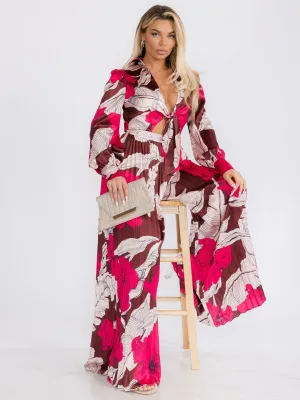 WOMEN'S LONG SLEEVE FRONT CUT OUT LEAF PRINT WIDE LEG JUMPSUIT
