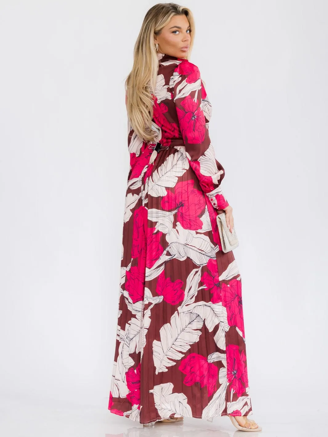 WOMEN'S LONG SLEEVE FRONT CUT OUT LEAF PRINT WIDE LEG JUMPSUIT