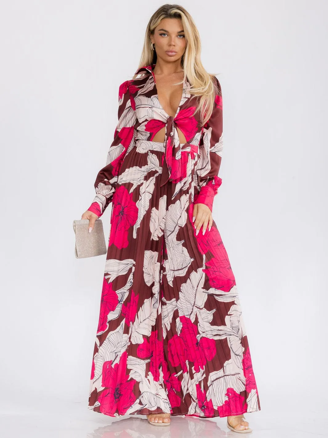 WOMEN'S LONG SLEEVE FRONT CUT OUT LEAF PRINT WIDE LEG JUMPSUIT