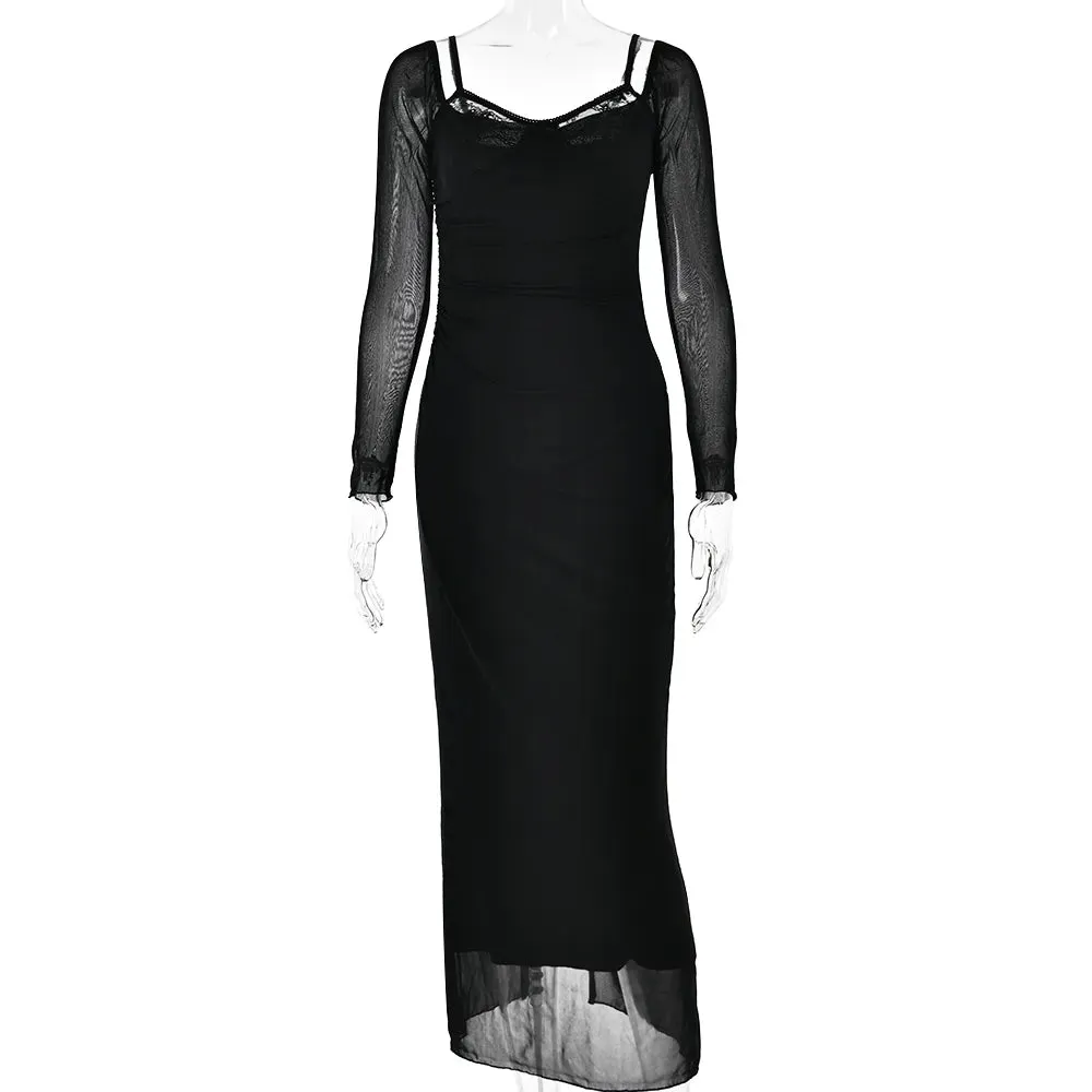 Women's Long Sleeve Maxi Dress Patchwork Lace Double Layer Mesh Sexy Long Dress Spring/Autumn Party Clubwear Maxi Dress