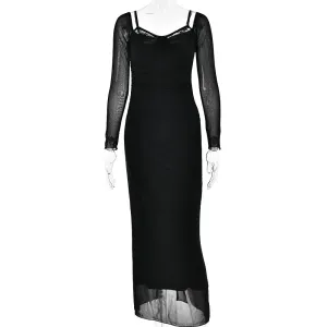 Women's Long Sleeve Maxi Dress Patchwork Lace Double Layer Mesh Sexy Long Dress Spring/Autumn Party Clubwear Maxi Dress