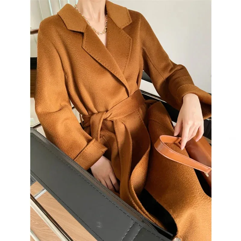 Women’s Mid-Length Cashmere Coat – Black Wool, Lace-Up Detail, Red & Beige