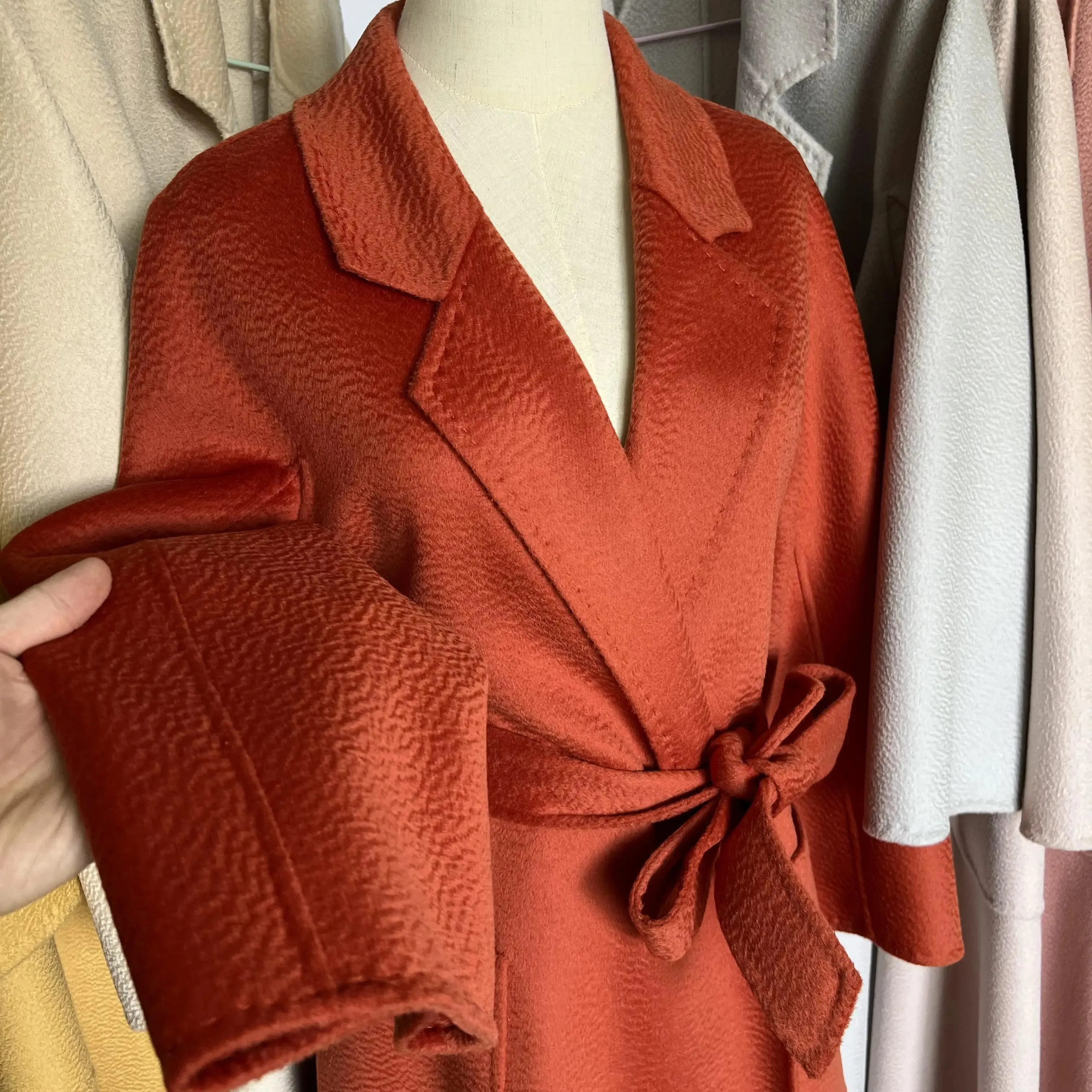 Women’s Mid-Length Cashmere Coat – Black Wool, Lace-Up Detail, Red & Beige