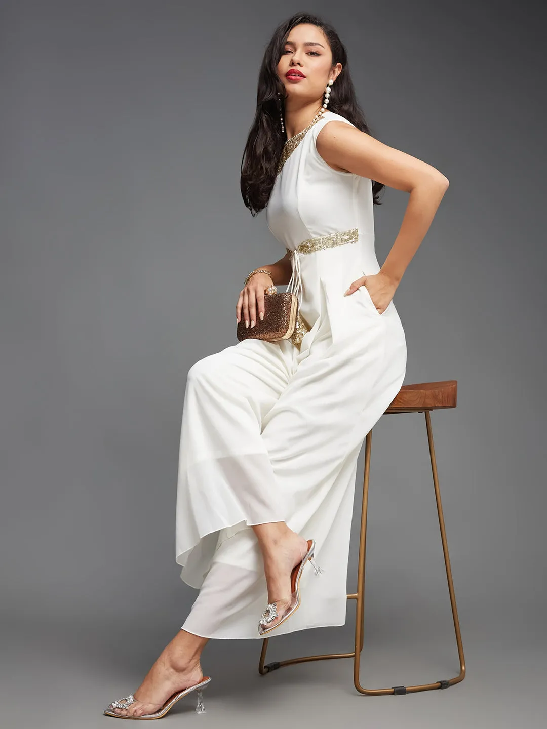Women's Off-White Relaxed Fit Sleeveless Gold Sequined Round Neck Ankle-Length Straight Party Jumpsuit