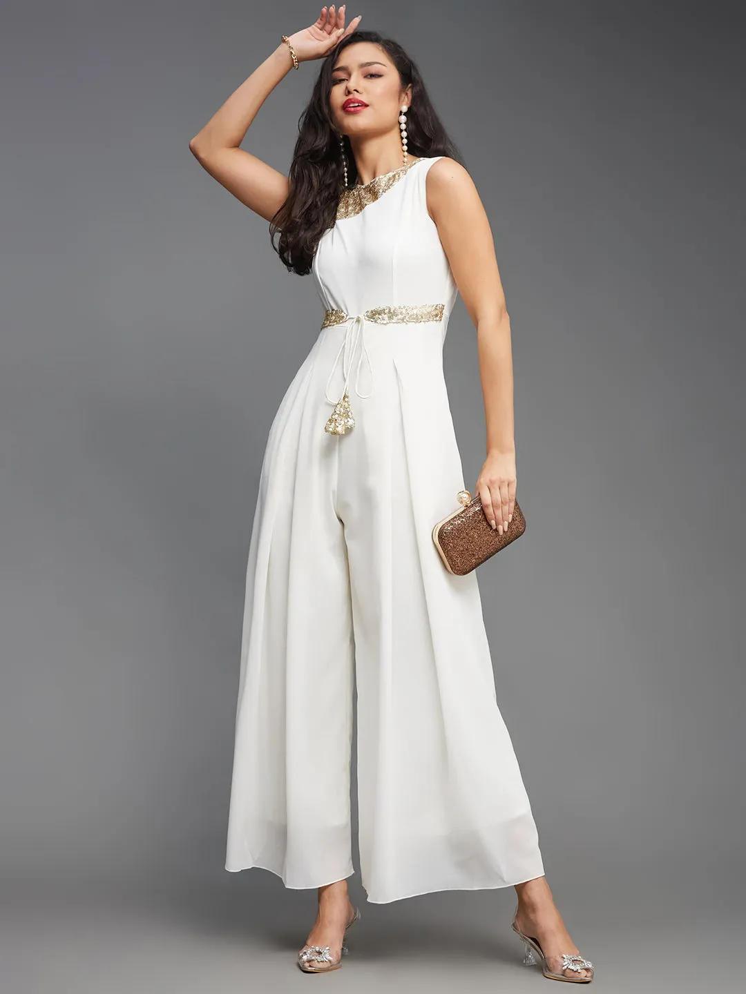 Women's Off-White Relaxed Fit Sleeveless Gold Sequined Round Neck Ankle-Length Straight Party Jumpsuit
