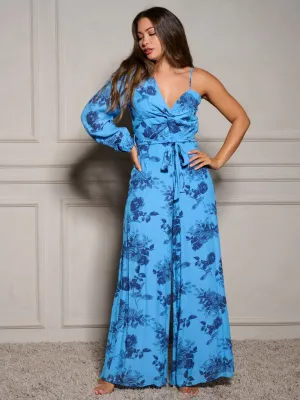 WOMEN'S ONE LONG SLEEVE V-NECK FLORAL WIDE LEG JUMPSUIT