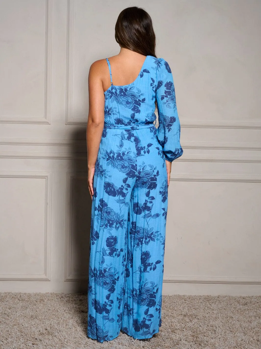 WOMEN'S ONE LONG SLEEVE V-NECK FLORAL WIDE LEG JUMPSUIT