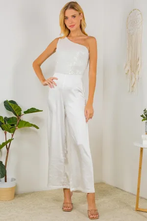 WOMEN'S ONE SHOULDER SEQUINS WIDE LEG JUMPSUIT