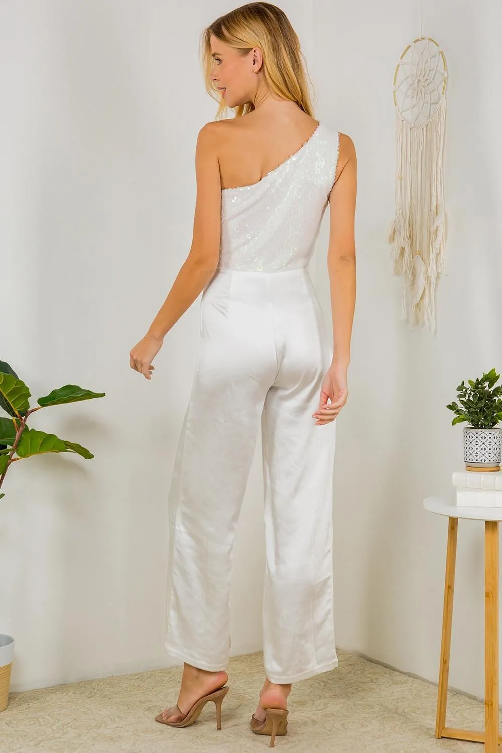 WOMEN'S ONE SHOULDER SEQUINS WIDE LEG JUMPSUIT