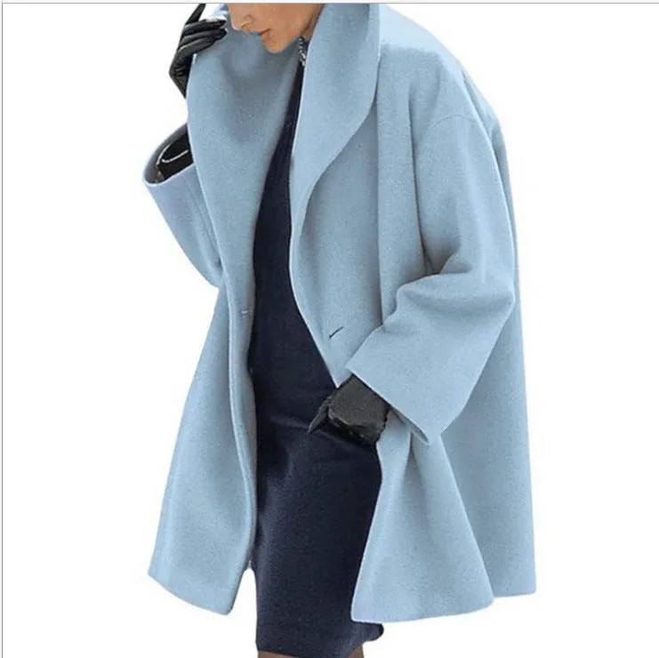 Womens Round Neck Loose Woolen Coat Solid Casual Coat For Autumn and winter