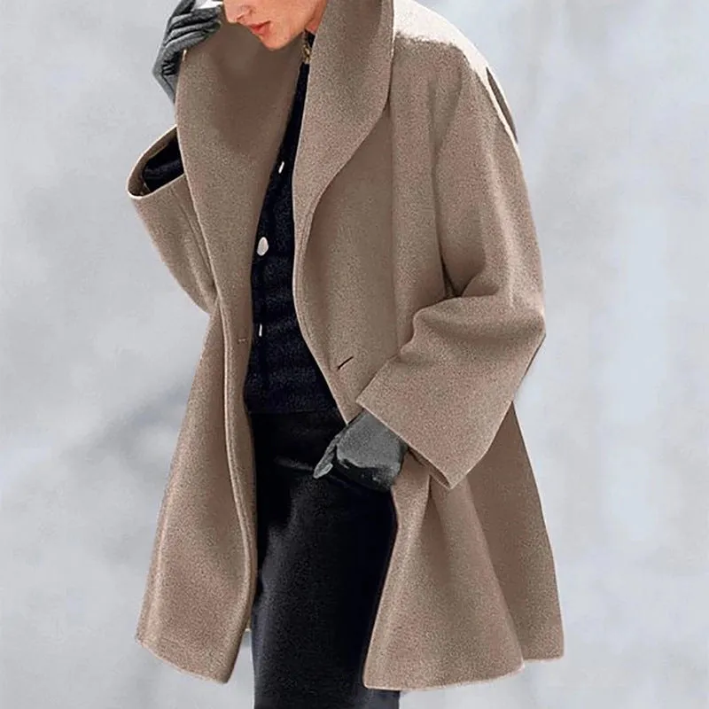 Womens Round Neck Loose Woolen Coat Solid Casual Coat For Autumn and winter