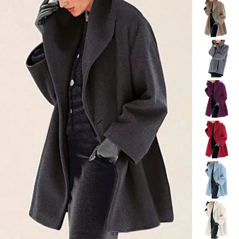 Womens Round Neck Loose Woolen Coat Solid Casual Coat For Autumn and winter