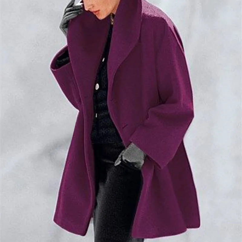 Womens Round Neck Loose Woolen Coat Solid Casual Coat For Autumn and winter