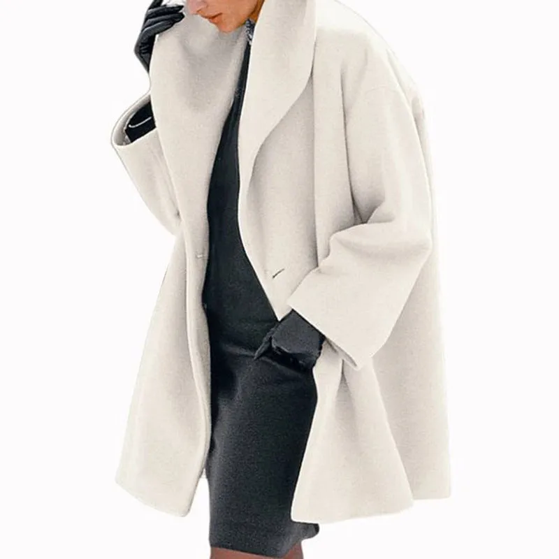 Womens Round Neck Loose Woolen Coat Solid Casual Coat For Autumn and winter