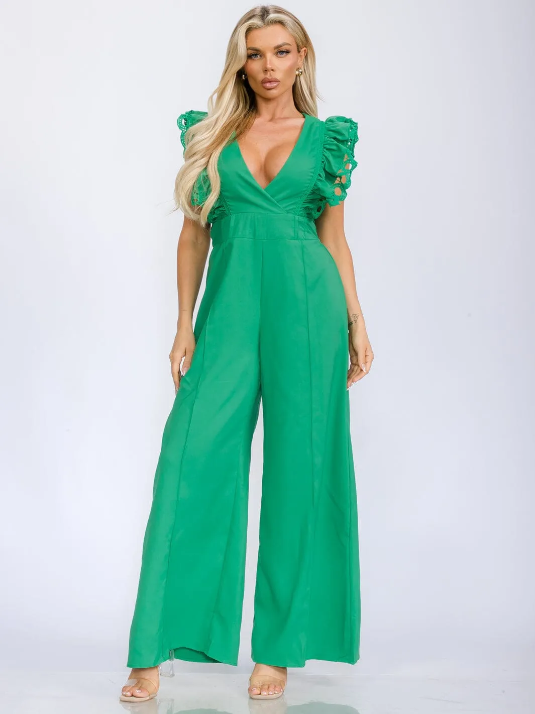 WOMEN'S RUFFLE SLEEVE V-NECK WIDE LEG JUMPSUIT