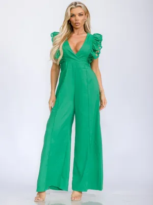 WOMEN'S RUFFLE SLEEVE V-NECK WIDE LEG JUMPSUIT