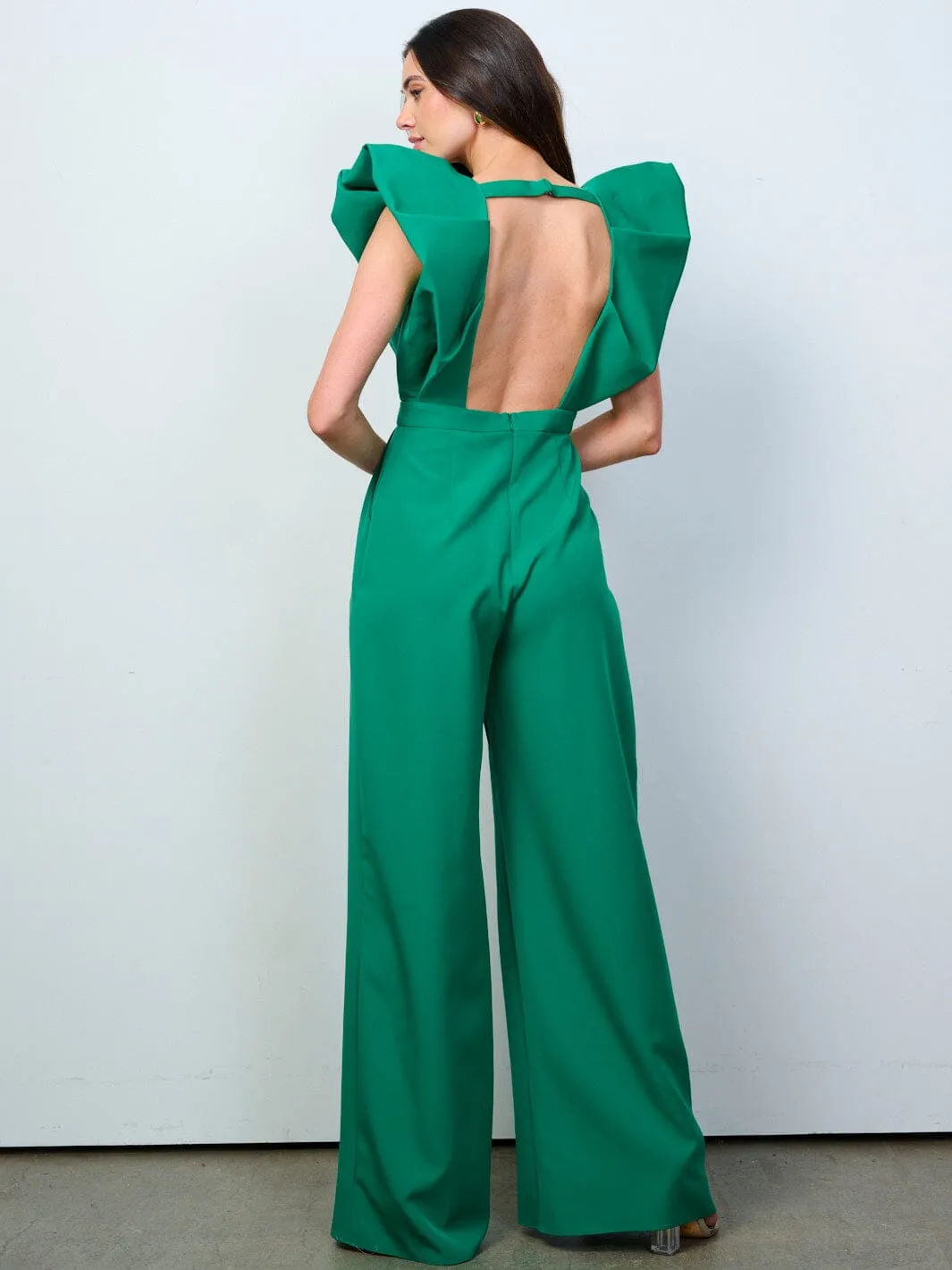 WOMEN'S RUFFLE SLEEVES V-NECK FRONT SLIT OPEN BACK WIDE LEG JUMPSUIT