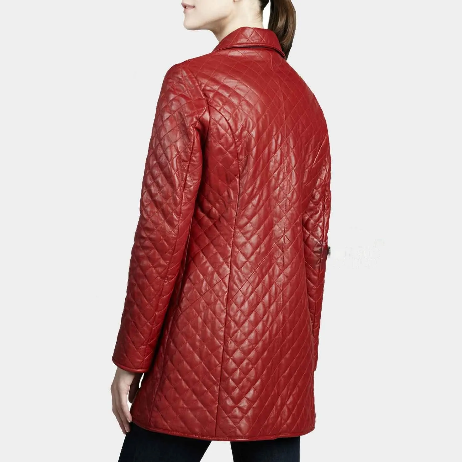 Women’s Sheep Skin Red Leather QuIlted Trench Coat, Handmade Stylish Button Up Ladies Long Coat Luxury Winter Outerwear Classic Trench Coat