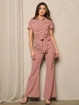 WOMEN'S SHORT SLEEVE BUTTON UP SELF TIE WIDE LEG JUMPSUIT