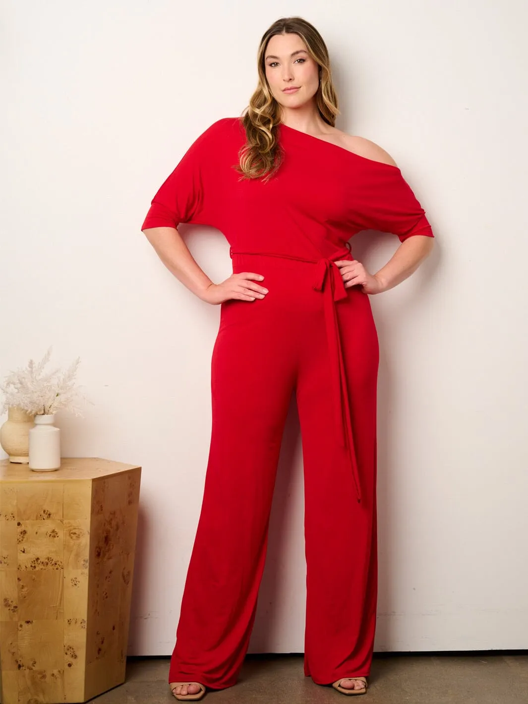 WOMEN'S SHORT SLEEVE OFF SHOULDER SELF TIE WIDE LEG JUMPSUIT